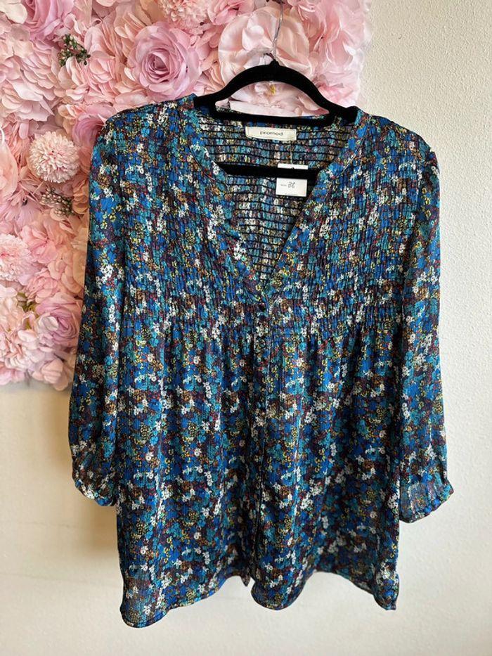 Blouse fluide Promod satinée bleue à imprimé floral bohème, taille 38 - photo numéro 1