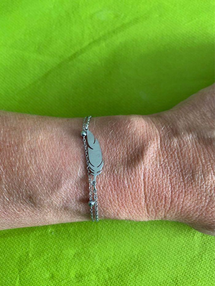 Joli bracelet perles et plume en acier inoxydable argenté - photo numéro 3