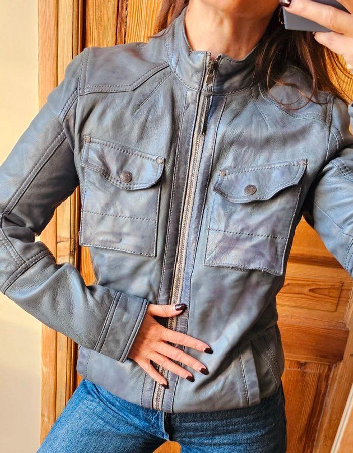 Blouson redskins cuir gris motard neuf - photo numéro 3