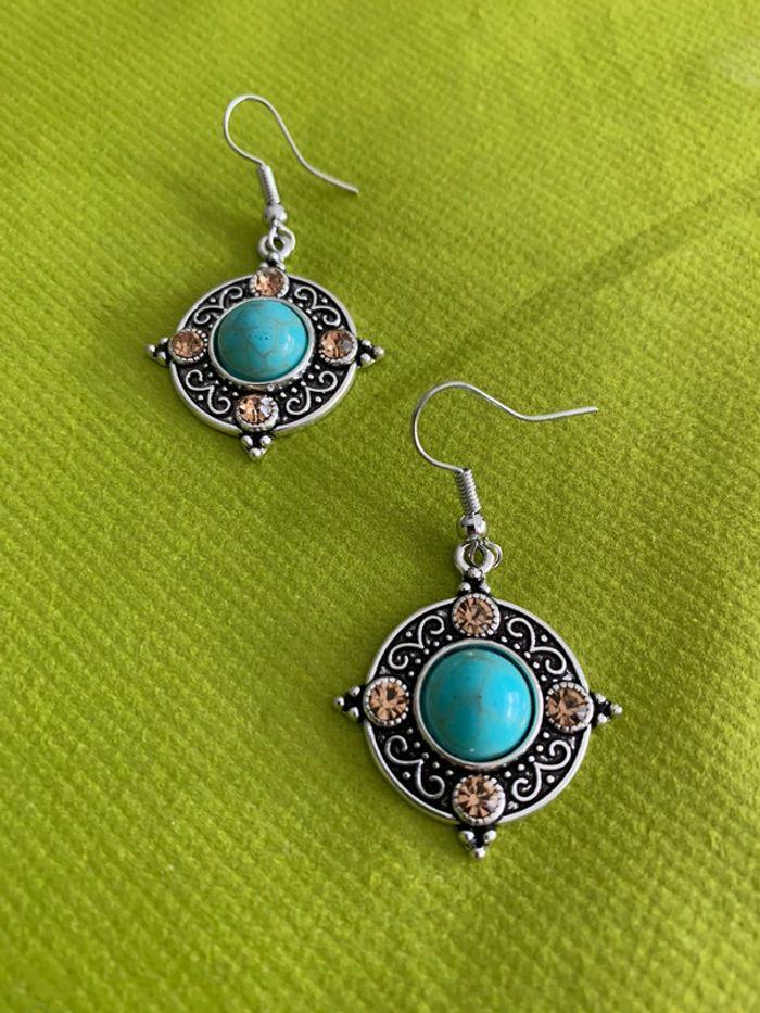 Jolies boucles d’oreilles rondes bleues turquoises en alliage argenté - photo numéro 4