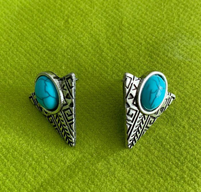 Belles boucles d’oreilles bleues turquoises triangle en alliage de zinc argenté - photo numéro 5