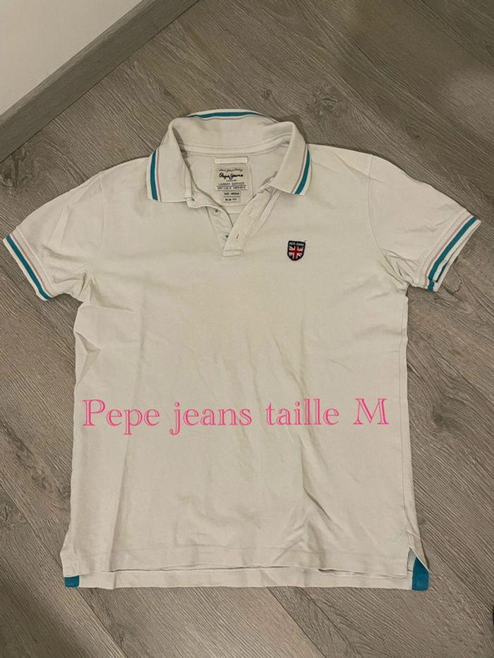 Polo à manches courtes blanc petite rayure turquoise coupe slim fit pepe jeans taille M - photo numéro 1