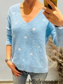 💐 Joli pull bleu ciel et fleur blanche TU 36/42 laine