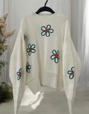 Pull blanc motifs fleurs brodées femme taille L 40