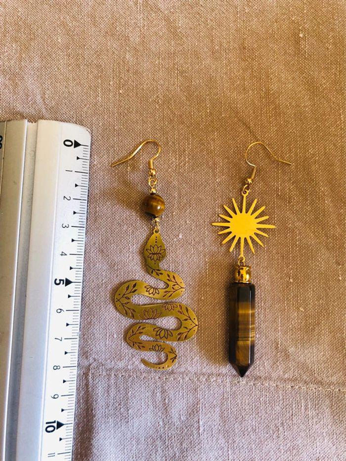 🤎🐍Boucles d’oreilles serpent œil de tigre snake tiger eye fairy witch earrings🐅🤎 - photo numéro 4