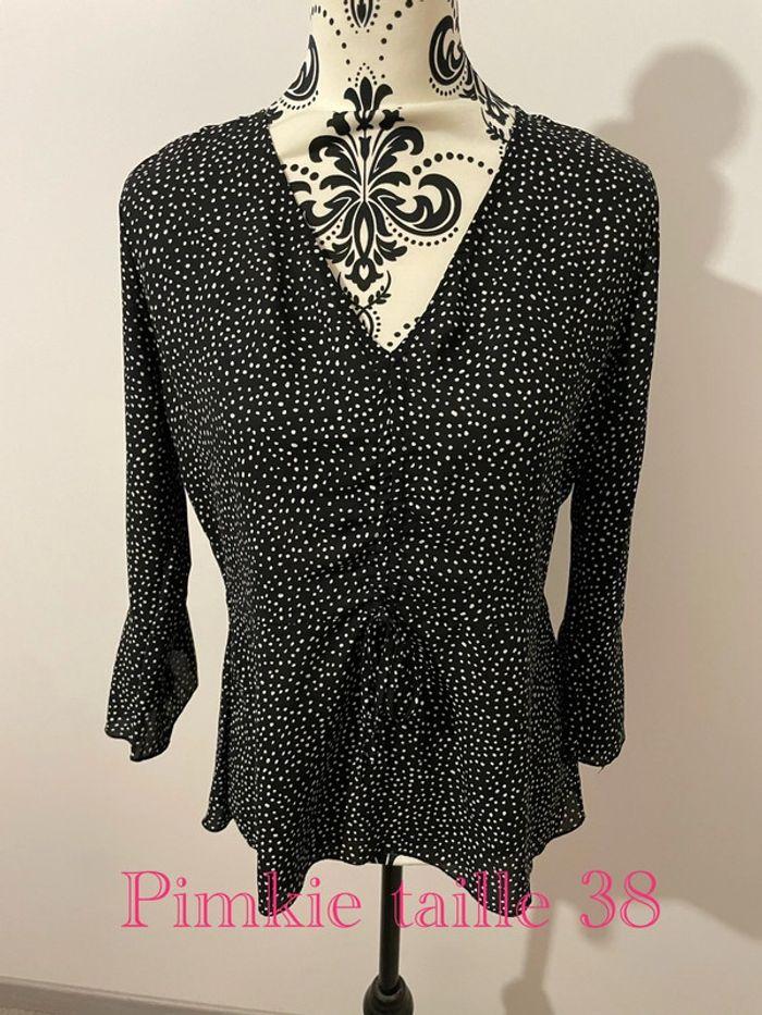 Blouse fluide à manches 3/4 col V noir à motifs blanc pimkie taille 38 - photo numéro 1