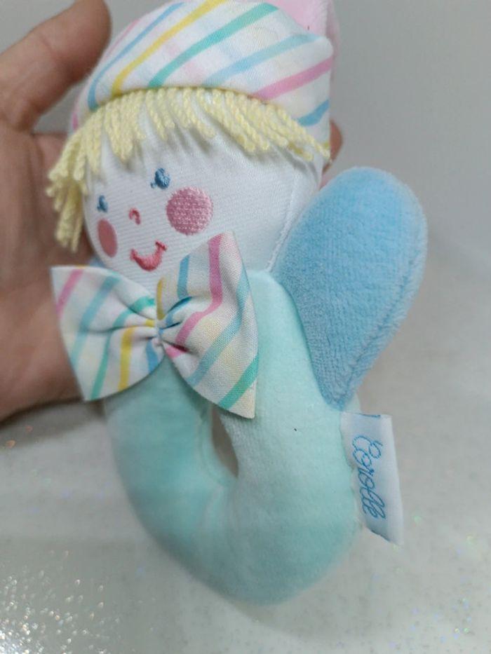 Hochet vintage grelot corolle clown lutin pastel bleu blue 1997 bébé baby doudou peluche plush teddy - photo numéro 4