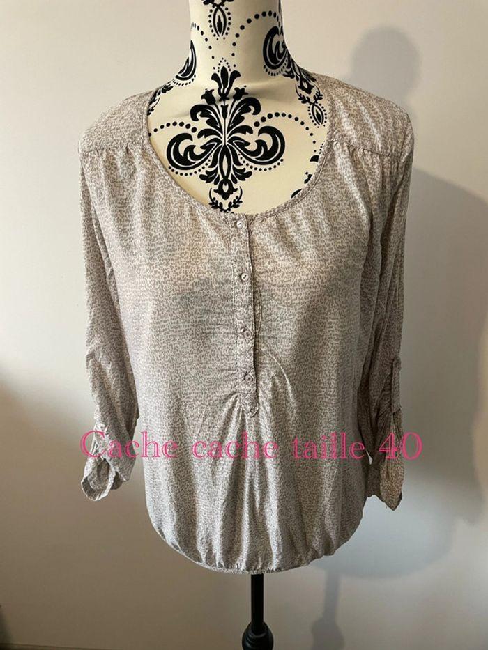 Blouse beige à motifs blanc manches longue modulable manche 3/4 cache cache taille 3 soit taille 40 - photo numéro 1