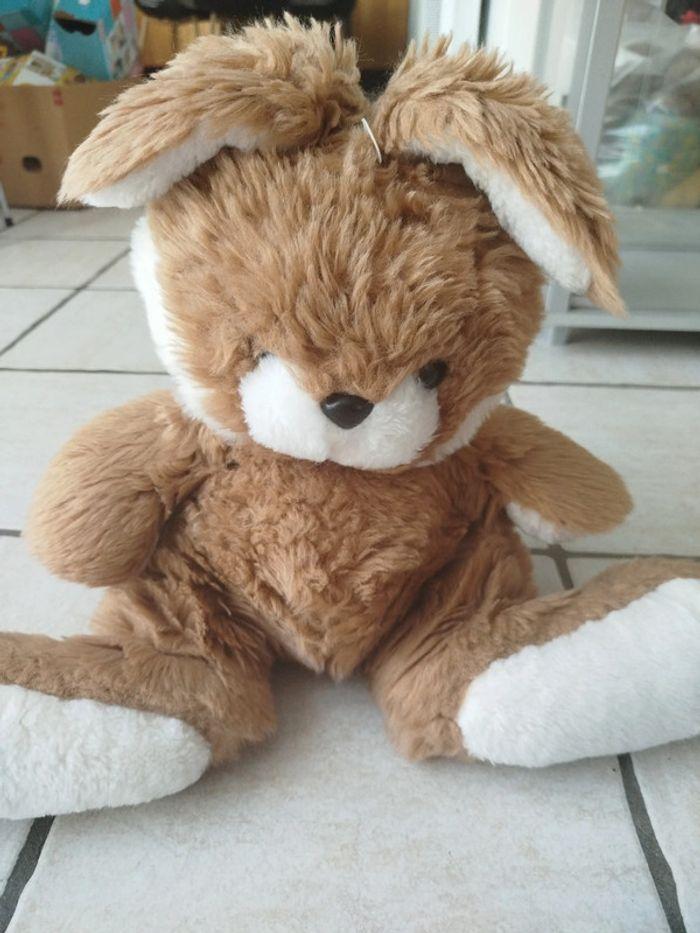 Ancienne peluche lapin beige blanc assis Ajena - photo numéro 4