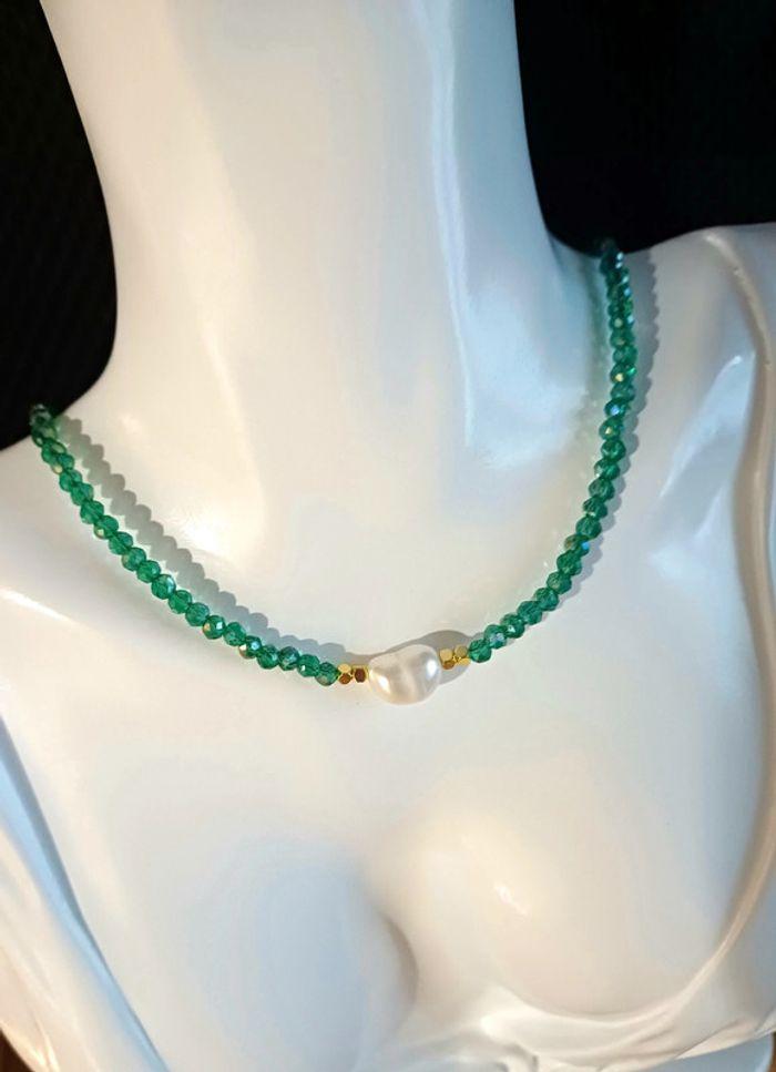 Collier ras de cou en perle d'eau douce couleur verte cristallisée Acier Inoxydable - photo numéro 3