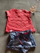 Short en jean + tee shirt corail