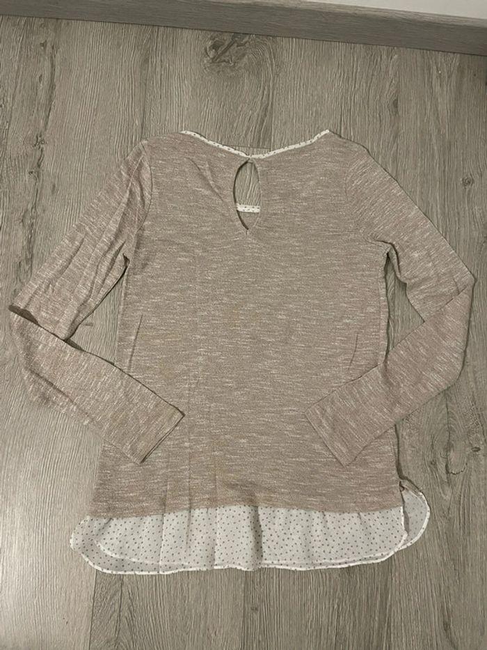 Pull beige manches longues effet chemise blanc pois beige en bas camaïeu taille 36 - photo numéro 4