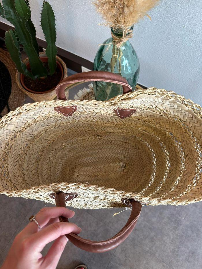 Sac panier en osier et paille tressée avec anses en cuir, fabrication artisanale, neuf - photo numéro 5