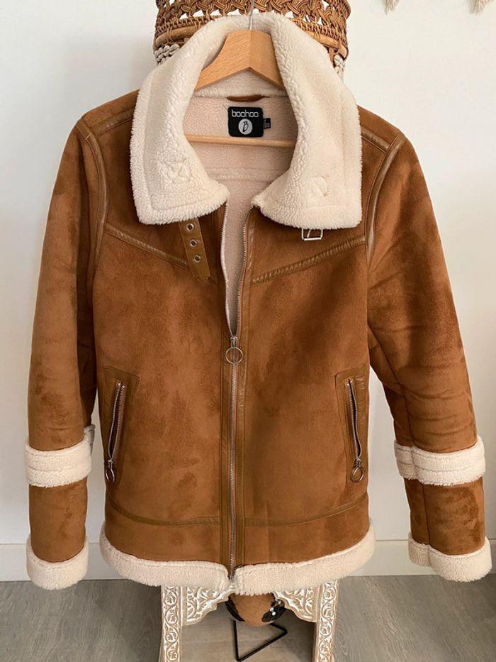 Manteau moumoute camel / blanc - photo numéro 1