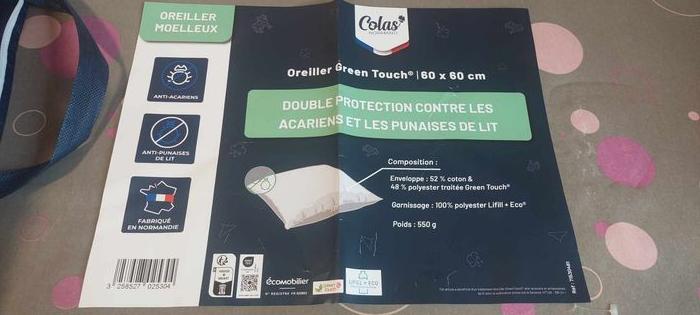 Oreiller Colas Normand 60 x 60 cm anti acariens/punaises de lit neuf - photo numéro 3