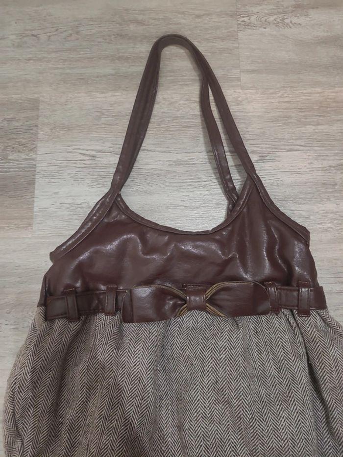 Sac à main marron simili cuir et tissus à chevrons - photo numéro 3