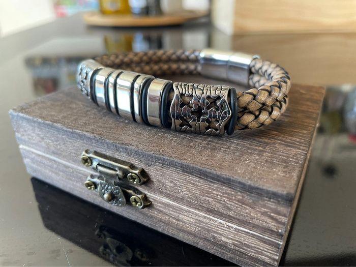 Bracelet viking ragnar cuir beige + boîte et pochette viking - photo numéro 7