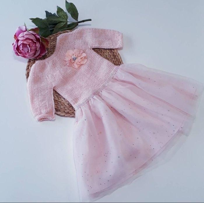 Vêtement robe tulle princesse pour cérémonie baptême mariage fait main au tricot pour fille 3 ans rose et grise - photo numéro 4