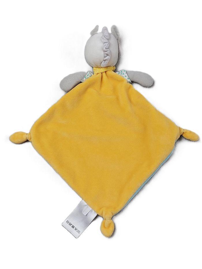 Doudou plat âne girafe cheval MOTS D'ENFANTS LECLERC bleu jaune blanc foulard - photo numéro 2