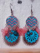 Boucles d'oreilles artisanales neuves bleu argenté et rose