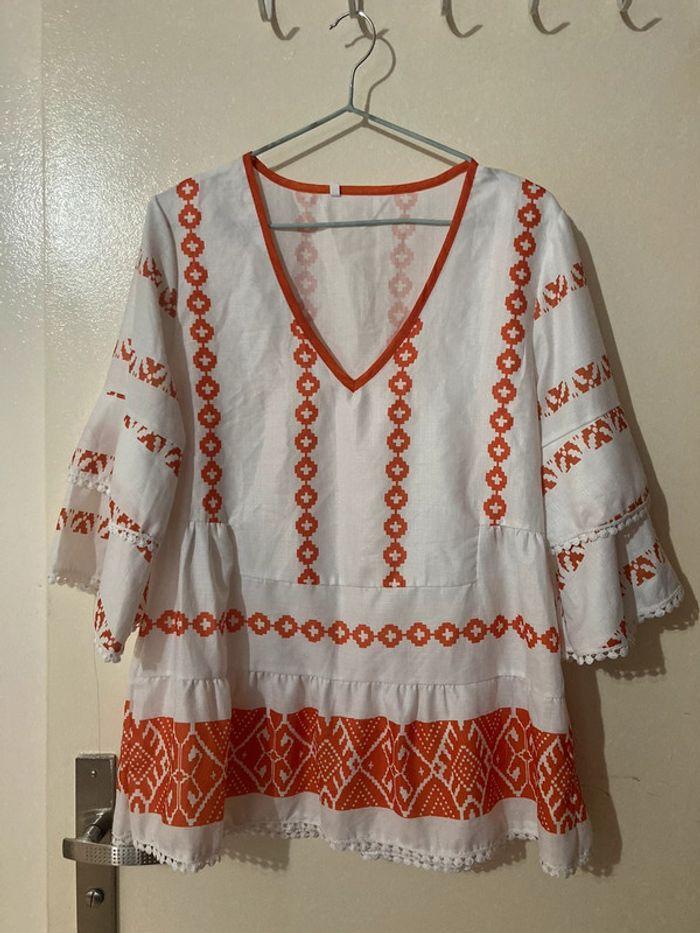 Blouse blanche et orange taille S - photo numéro 1