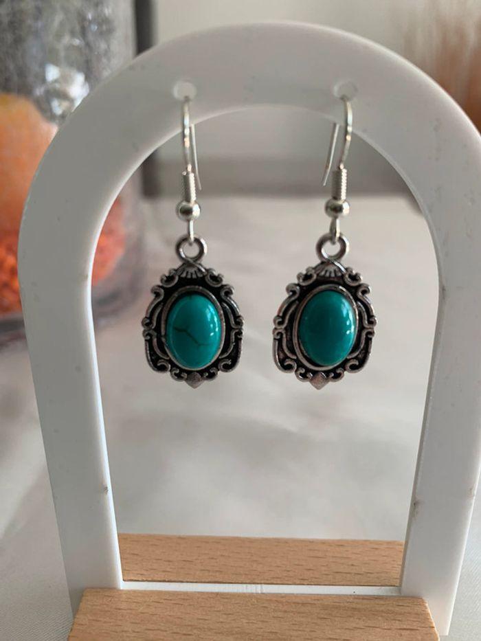 Boucles d’oreilles pendantes vintage bohème bleues turquoises en alliage argenté - photo numéro 5