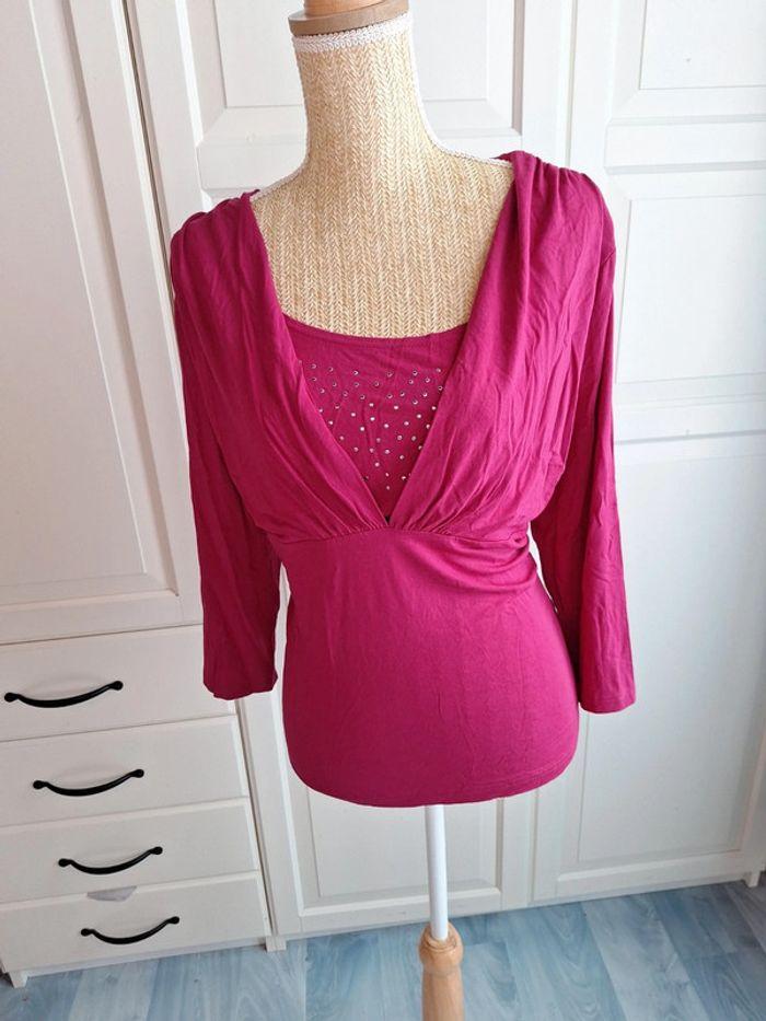 Tee-shirt top manches longues 3/4 strass Damart rose fushia taille 46 XXXL - photo numéro 7