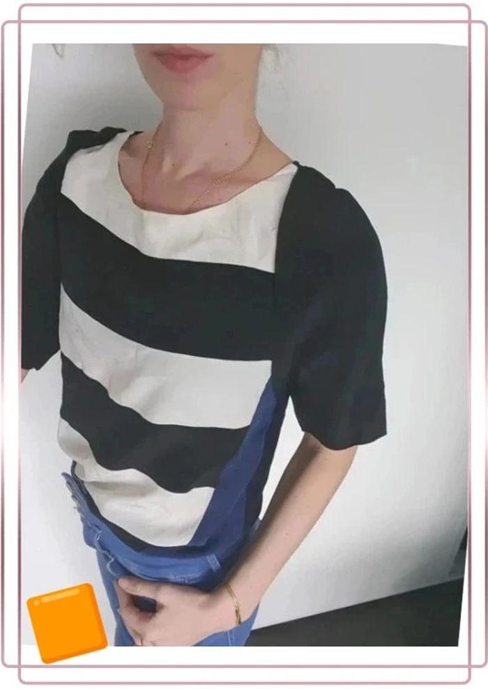 🌻 Blouse Sandro fluide noir bleu blanc taille S 100%soie - photo numéro 7