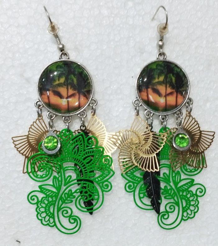 Boucles d'oreilles verte dorée image palmier neuve