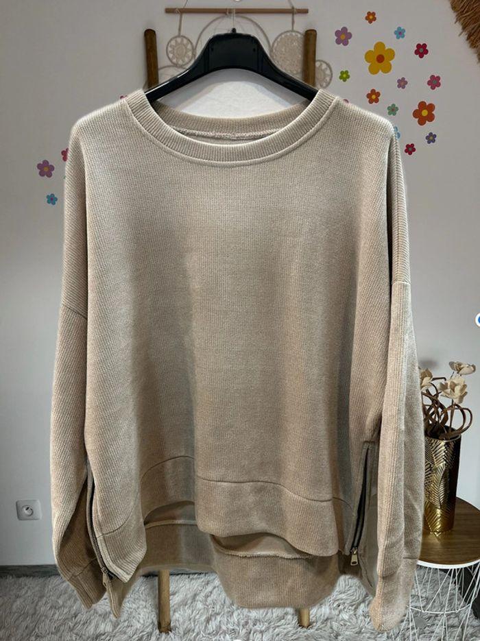 Sweat velours fente zippée beige - photo numéro 1