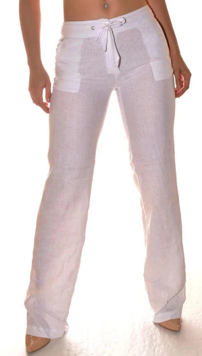 Pantalon droit blanc uni en lin taille 34 - photo numéro 3