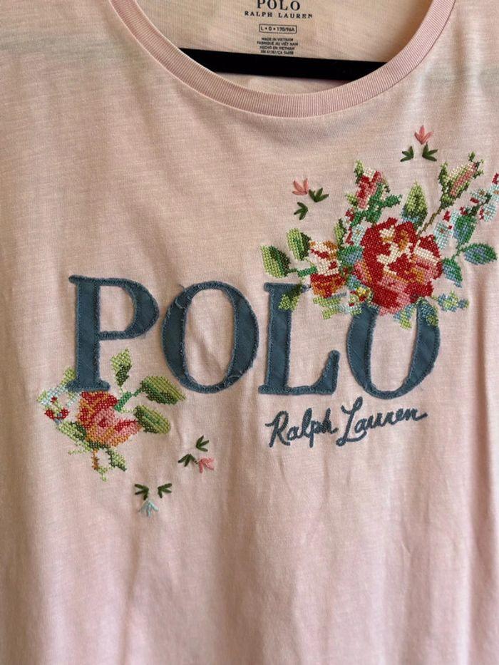 T-shirt femme Ralph Lauren - Taille L - Rose clair avec broderies fleuries - photo numéro 2