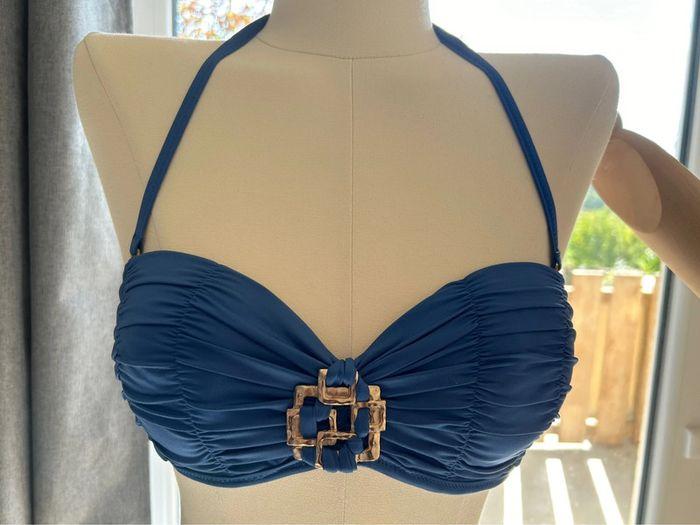 Maillot de bain 2 pièces bleu bijoux doré culotte plissée ajustable taille haute ou basse - photo numéro 2