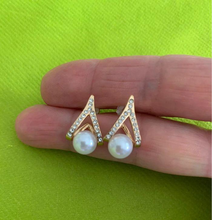 Boucles d’oreilles perles blanches et strass en alliage doré - photo numéro 3