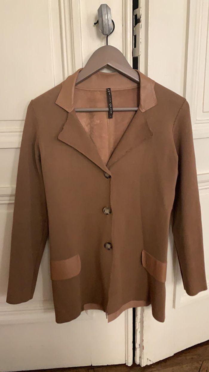 Blazer beige bi matière coton/et cuir d’agneau, taille M, marque Manila Grâce - photo numéro 1