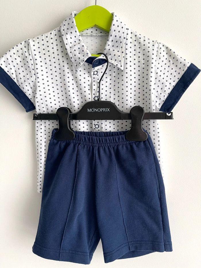 Ensemble garçon taille 1-2 ans en coton, chemisette à pois et short bleu marine - photo numéro 1