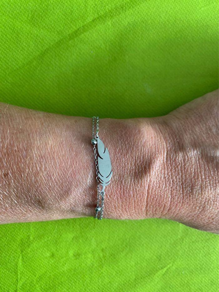 Joli bracelet perles et plume en acier inoxydable argenté - photo numéro 1