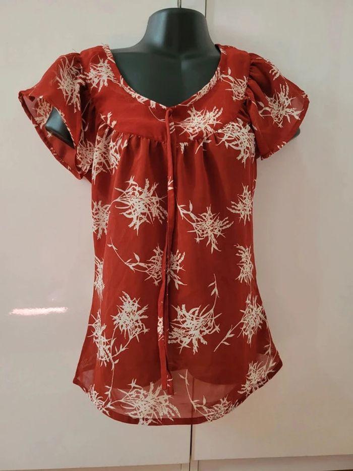 T Shirt Tunique blouse  voile corail fleurs M / 38 / 10 - photo numéro 4