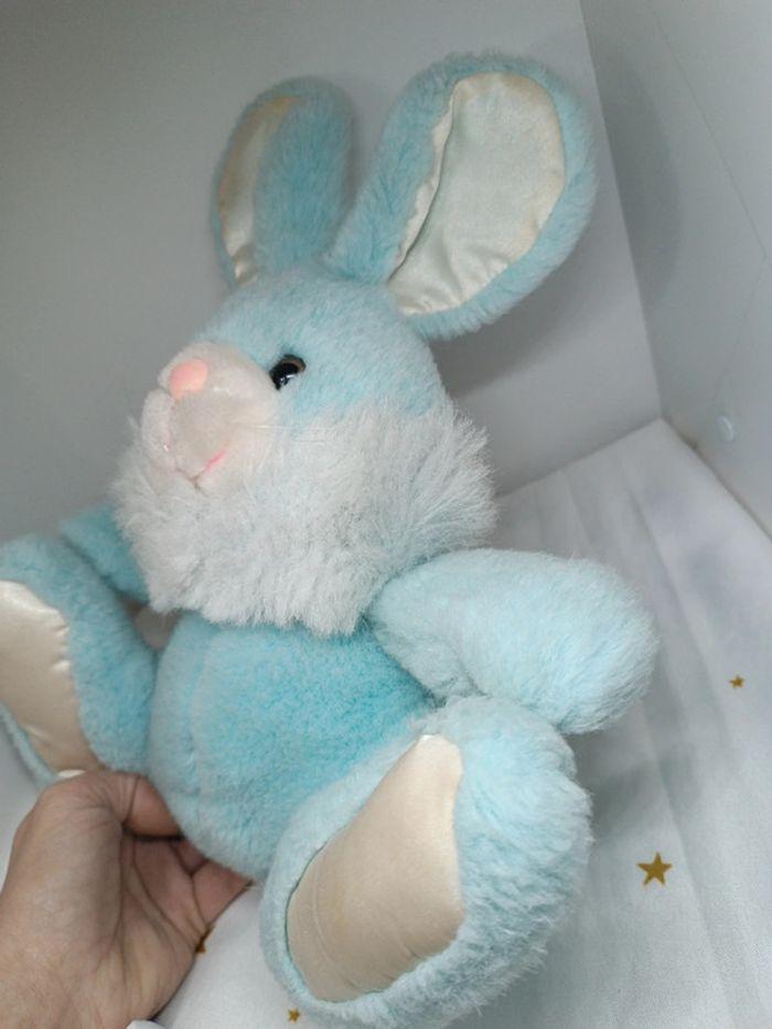 Peluche doudou Teddy lapin bunnies rabbit bleu blanc gipsy vintage satiné satin - photo numéro 6