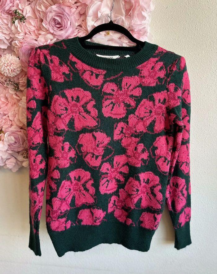 Pull Nafnaf en maille vert sapin à motifs fleuris roses, taille XS - photo numéro 1