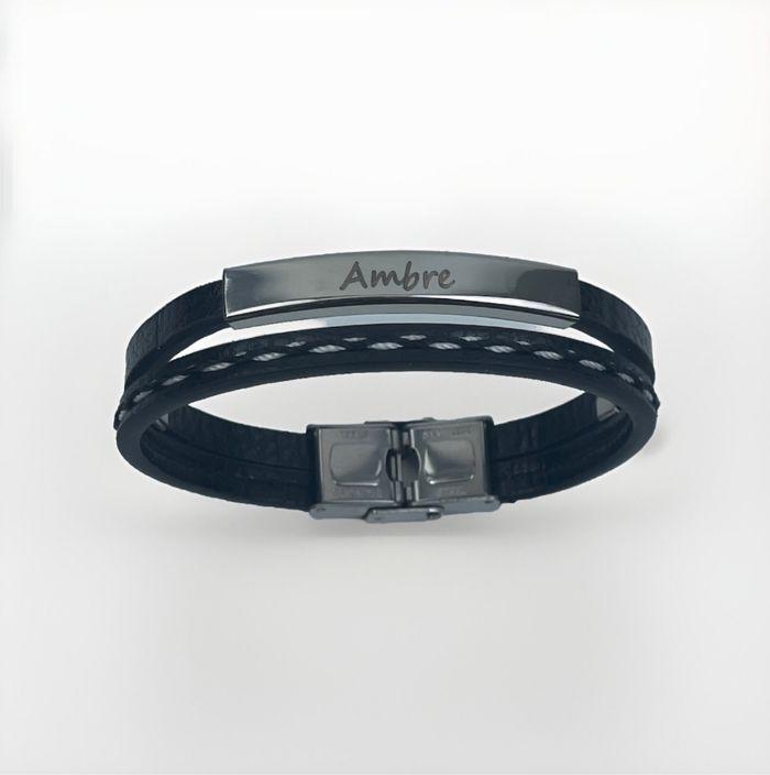 Bracelet en Cuir avec Plaque Gravée “Ambre” - Style Élégant et Moderne pour Femme et Homme - photo numéro 1