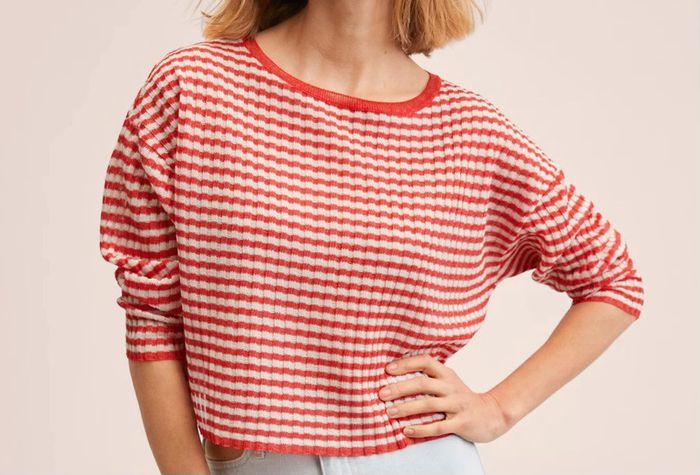 Pull rayé rouge et blanc en maille côtelée - Mango - photo numéro 3