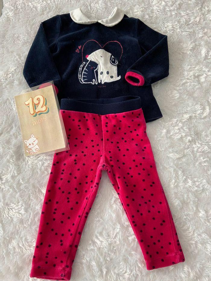 Ensemble pantalon leggins jogging Pull Shirt veste velours marine et rose Absorba 1 ans tbe - photo numéro 1