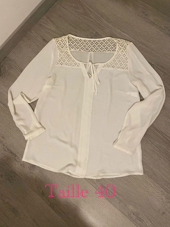 Blouse fluide à manches longues blanc dentelle devant et épaule taille 40 - photo numéro 1