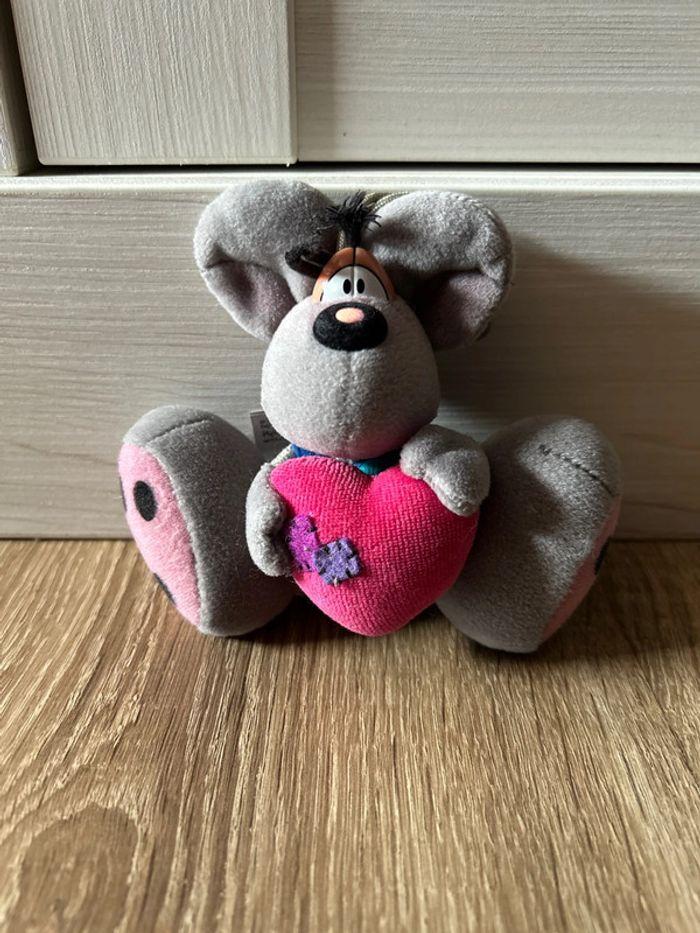 Porte clés peluche Diddl avec cœur rose et salopette, très bon état vintage - photo numéro 1