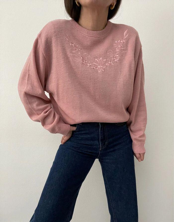 Pull ample rose pale à broderie - photo numéro 4