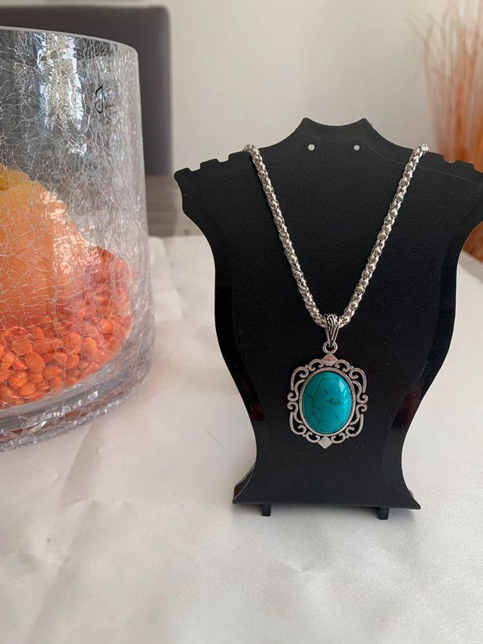 Collier vintage bleu turquoise en alliage argenté - photo numéro 5