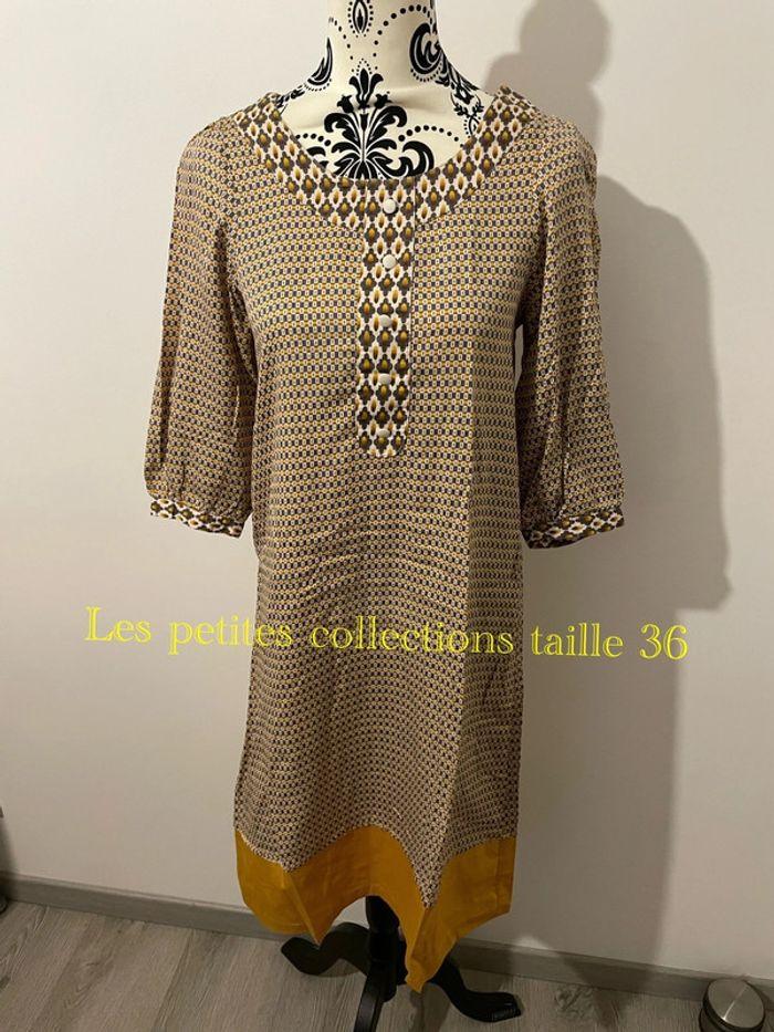 Robe à manches courtes blanc à motifs gris et moutarde boutons col les petites collection taille 36 - photo numéro 1