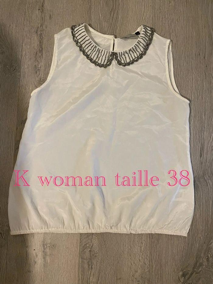 Blouse blanc sans manche satinée col Claudine perle argenté K Woman taille 38 - photo numéro 1