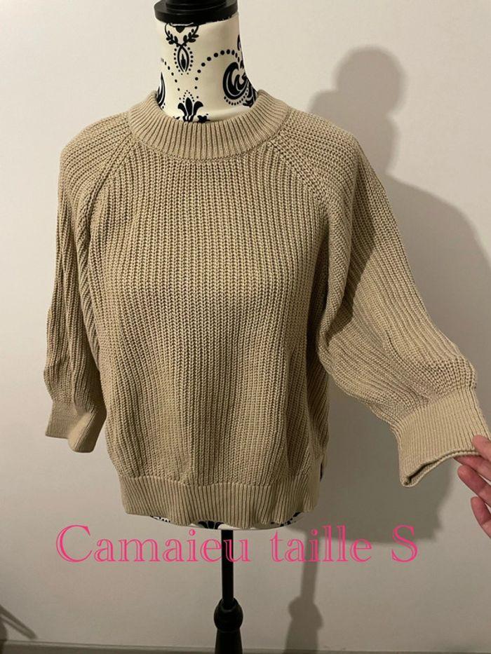 Pull beige manches 3/4 grosse maille col légèrement montant camaïeu taille S - photo numéro 1